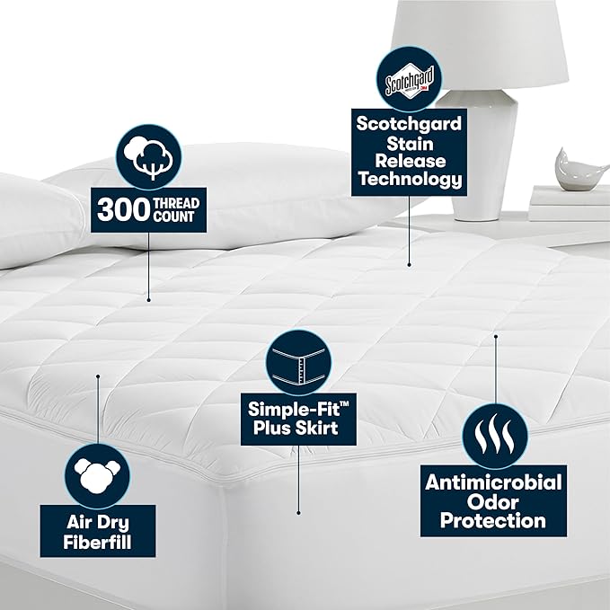 Serta Air Dry Extra Comfort Plus 100% Cotton Fabric Quilted Mattress Pad, Cooling and Breathable Mattress Cover, Moisture Wicking Protection with 18" Deep Pocket, King, White
