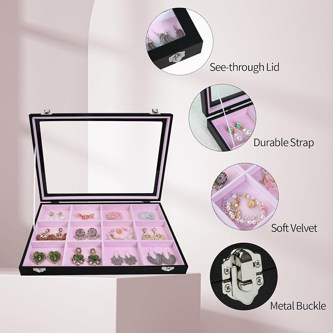 Stratalife Jewelry Organizer Bracelet Earring Holder Organizer Jewelry Drawer Storage Anti Tarnish Bangle Ring Holder Box for Women Girls 12 Grid (Pink Black) - Image 3