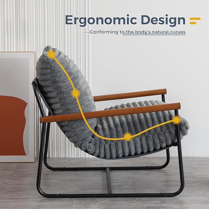 MAXYOYO Accent Chair, Sherpa Arm Chair for Living Room, Mid Century Modern Accent Chairs, Boucle Reading Bedroom Chair, Teddy Armchair, Wooden Arms Metal Frame