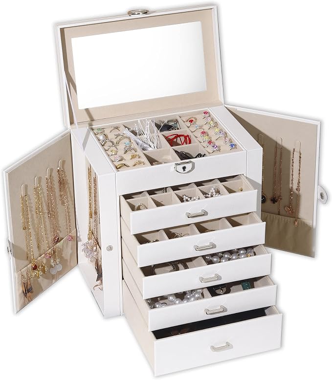 BOOVO Jewelry Box For women, 6 Layer Large Jewelry Organizer With Mirror, Multi-Function Storage Box With Lock, Accessory Holder With 5 Drawers, For Earrings Necklace Ring Bracelet (White) by BOOVO