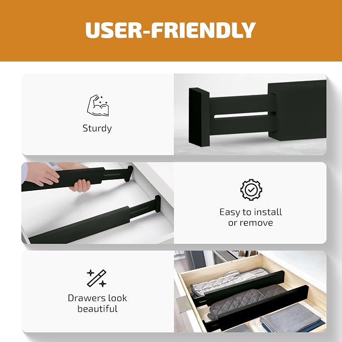 4-Pack Bamboo Drawer Dividers - 12.2 to 17.3 Inches Deep, 2.6 Inches High, Adjustable Expandable Drawer Organizer Dresser Separator for Clothes, Utensils, Kitchen, Bathroom, Office Storage, Black - Image 4