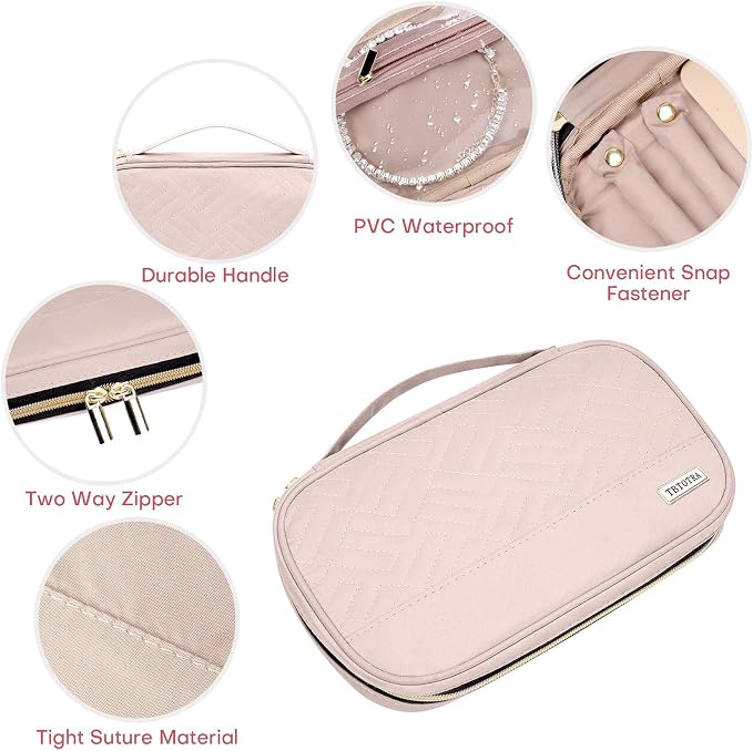 Jewelry Travel Case Organizer for Necklaces, Earrings, Rings, Bracelet, Watch, Soft Sided, Pink - Image 4