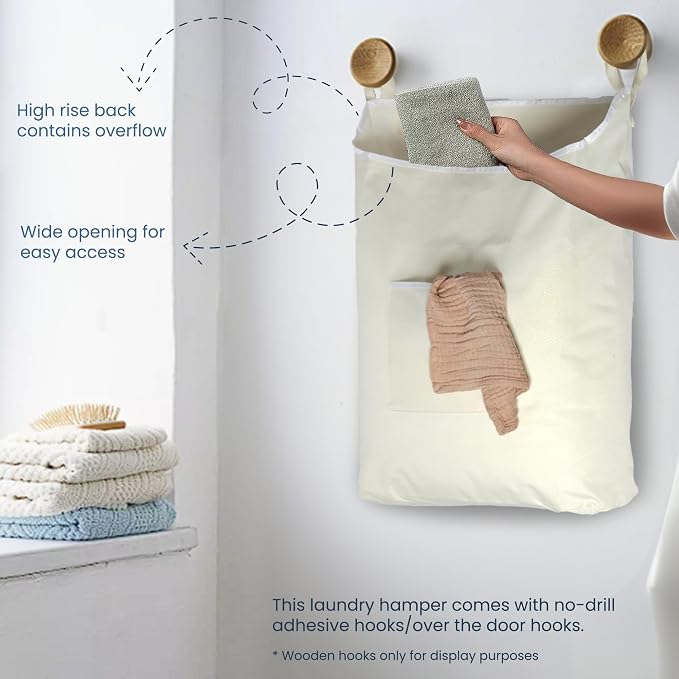 The Fine Living Co. Hanging Laundry Hamper with Over Door Hooks & Adhesive, Durable Space Saving Laundry Bag with Zipper and Wide Open Top, Hanging Dorm Laundry Hamper 18"x4.75"x28" (Beige-L) - Image 4