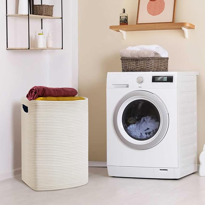 MEGASKET Large Laundry Hamper 16"x13"x22" - Tall Woven Laundry Basket, Cotton Rope Dirty Clothes Hamper, Baby Kids Nursery Wicker Laundry Basket, Bedroom Aesthetic, Soft Laundry Bin, White Hamper, 75L - Image 4