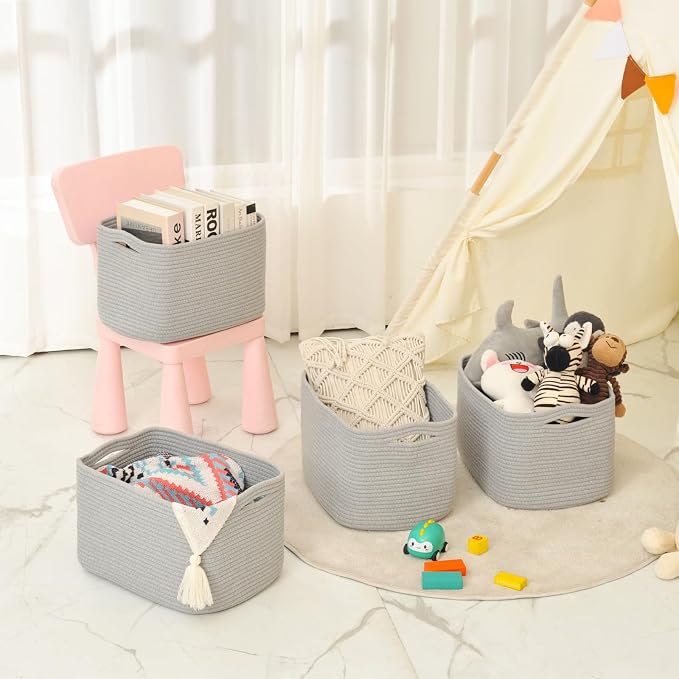 ICERZCZ Storage Baskets for Organizing & Shelves, Woven Cotton Rope Organization Bins for Dog Toys, Clothes, Books, Nursery Organizer, 15" Lx11 Wx9.5 H, (4 Packs) Grey - Image 8