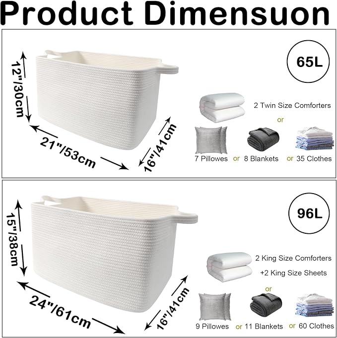 Large Blanket Basket,Woven Rope Basket Storage Bin with Handles,65L Rectangle Laundry Basket for Magazines,Toys,Clothes,Newspaper Shelf Organization,Nursery and Living Room,White - Image 2