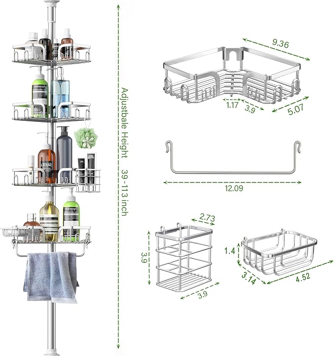 Corner Shower Caddy Tension Pole 4 Tier Adjustable Stainless Steel Shower Shelf for Inside Shower Bathtub Shampoo,Standing Bathroom Organizer Shelves with 39 to 113 inch Height - Image 2