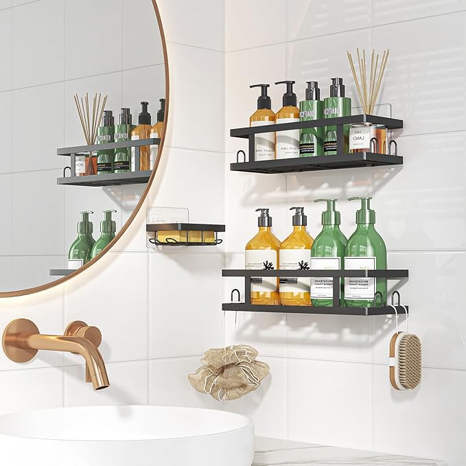 Youvip Adhesive Shower Caddy,Shower Shelves with Soap Holder and 12 Hooks,Rustproof No Drilling Bathroom Organizer and Storage,Black,3 Pack - Image 6