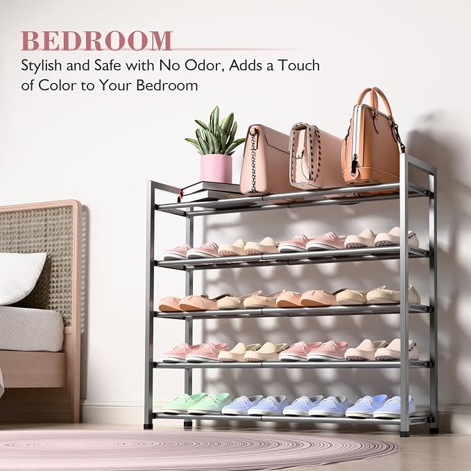 Bumusty 5-Tier Expandable Shoe Rack for Closet, 18“-33” Adjustable Shoe Rack for Small Space, Small Shoe Organizer for Front Door, Sturdy Metal (Grey) - Image 4