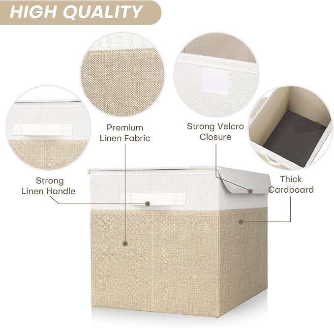 Bagnizer Large 22 Quart Linen Fabric Foldable Storage Bin Cube Organizer Basket with Flip-Top Lid & Handles, Clothes Blanket Box for Home, Office, Closet, Beige & White, 4 Pack 14.6 x 9.5 x 9.5” - Image 5