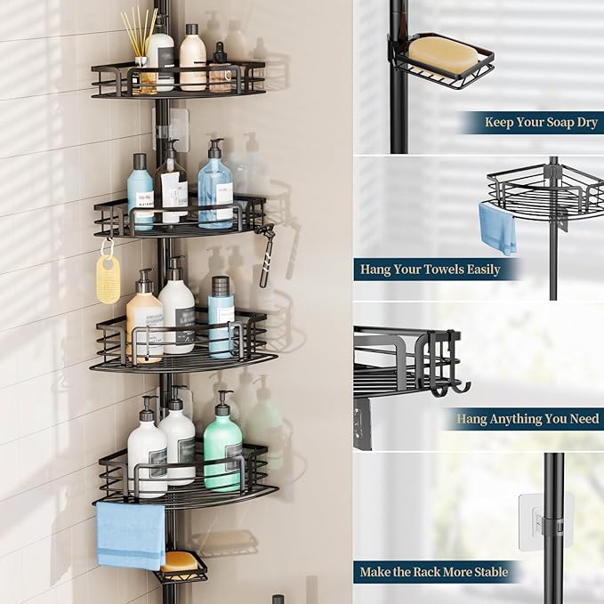 Consumest Corner Shower Caddy Tension Pole - Rustproof Shower Shelves with Towel Bar & Soap Holder, Adjustable Bath Organizer for Bathroom Storage, 27.6-108.3 inch, Black - Image 4