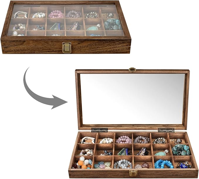 MOOCA Wooden Jewelry Display and Beads Display Storage Case with Tempered Glass Lid , 18 Compartments, 15" W x 8 3/8" L x 2 1/8" H, Brown Color - Image 3