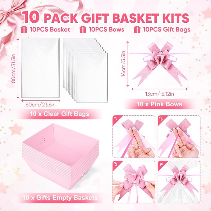 AFOROEOA 10PACK Pink Baskets For Gifts Empty, 10x12” Thick Gift Basket with 10 Bows 10 Bags Empty Gift Baskets for Christmas, Valentine’s Day, Easter, Birthdays, Valentine’s Day Wrapping Gift - Image 3
