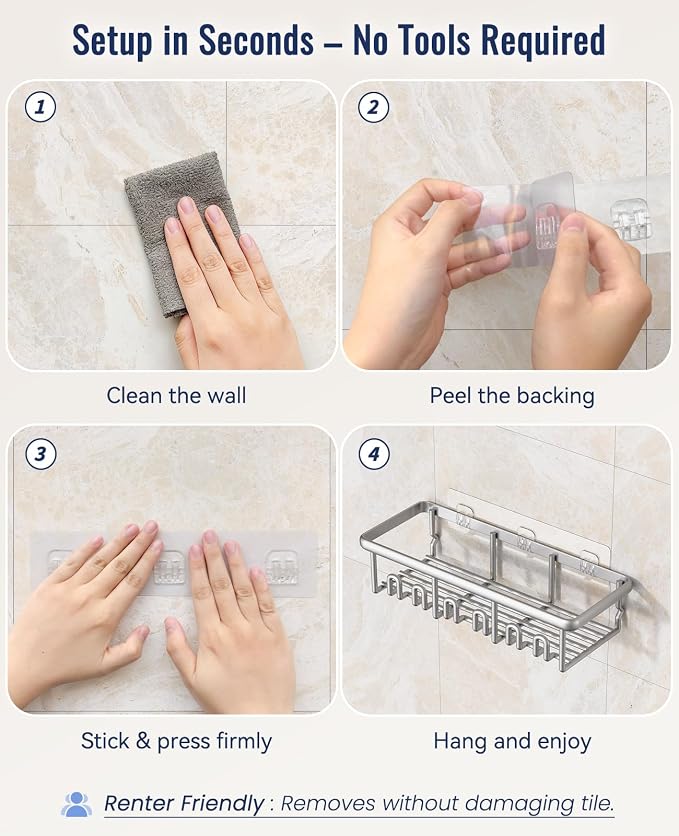 8 Pack Adhesive Rustproof Shower Shelves with Soap Dishes, Toothbrush Holder & Hooks, Large Capacity No-Drilling Shower Shelves Rack for Bathroom Organizers and Storage Accessories, Silver - Image 6
