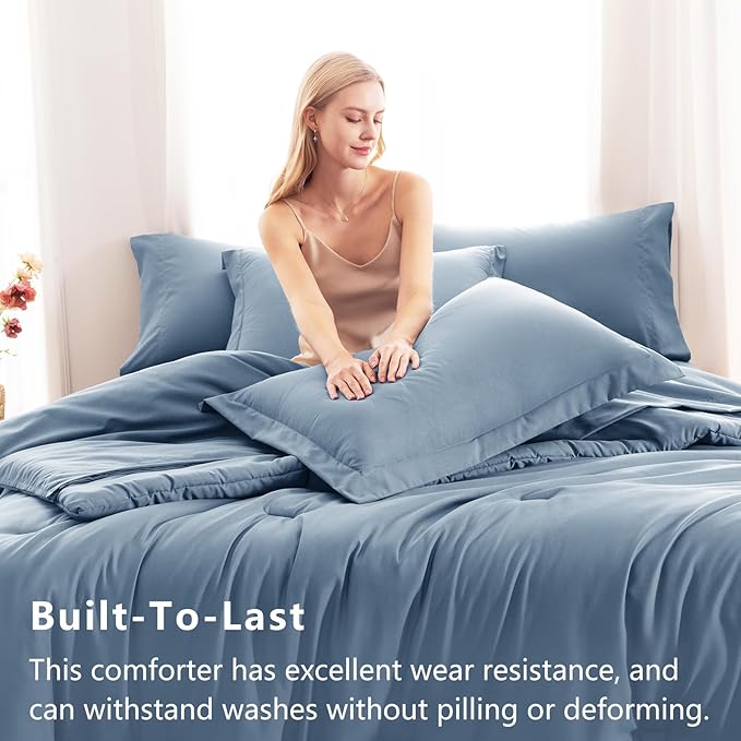 CozyLux Queen Comforter Set Grayish Blue, 7 Pieces Bed in a Bag Queen Comforter Set with Sheets, Bedding Sets with Down Alternative Comforter, Fitted Sheets, Flat Sheets, Pillow Shams and Pillowcases