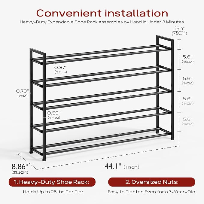 Bumusty 5-Tier Long Expandable Shoe Rack for Closet, 18"-44" Adjustable Shoe Rack for Entryway, 25-30 Pairs Large Shoe Organizer Shelf Storage, Sturdy Metal, Black - Image 2