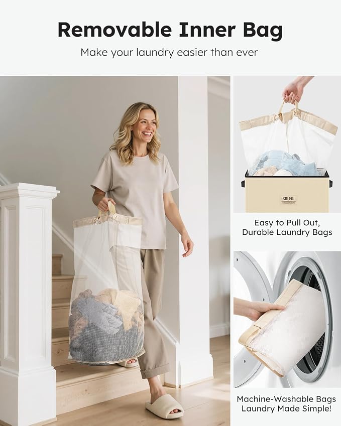 SOLEDI Laundry Hamper with Lid 100L Large & Tall Collapsible Laundry Basket, Clothes Hamper with Bag Removable Easy to Carry, Dirty Hampers for Bedroom, Bathroom, Dorm, College, Beige - Image 4
