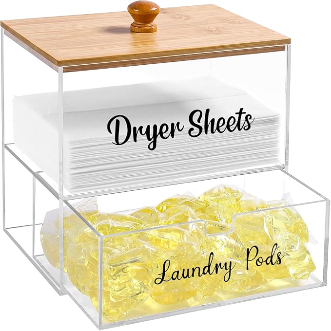 Acrylic Laundry Pods Contianer and Dryer Sheet Holder Set with Bamboo Lid, Dishwasher Pods Container, Laundry Pods Holder, Laundry Soap Organizer, Laundry Room Organization and Storage by VOTLEVT