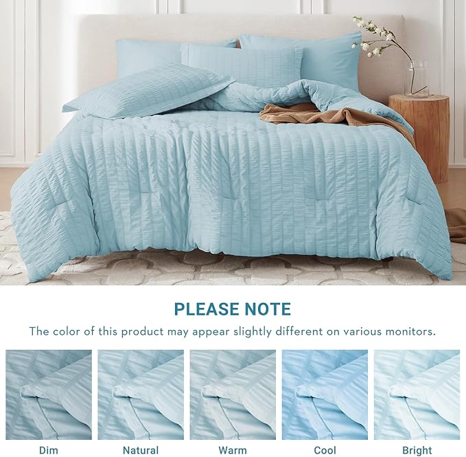 MUXHOMO 5 Pieces Twin XL Comforter Set, Seersucker Bed in a Bag Twin XL Size, All Season Luxury Bedding Set with Comforter, Flat Sheet, Fitted Sheet, Pillowcase & Sham, Lake Blue
