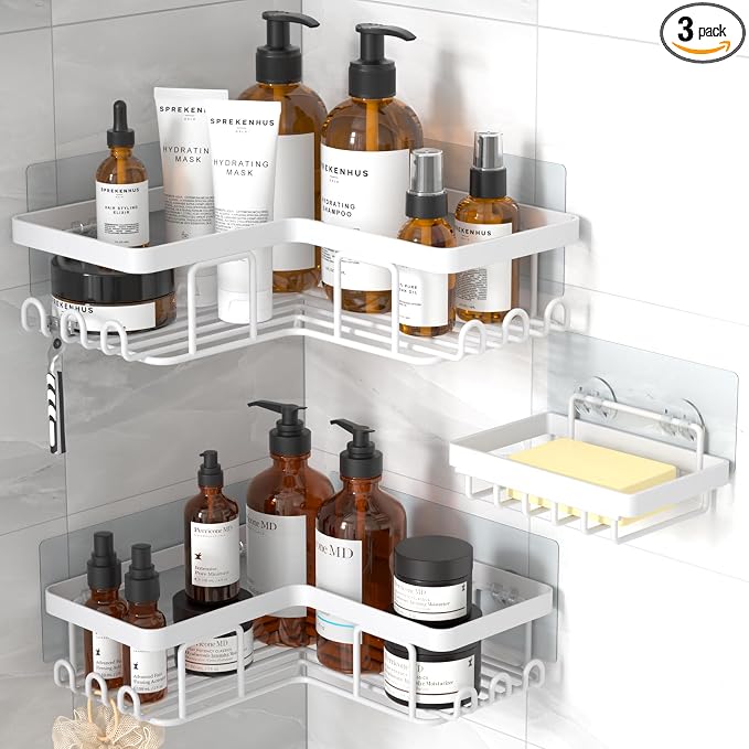 YASONIC Corner Adhesive Shower Caddy, with Soap Holder and 12 Hooks, Rustproof Stainless Steel Bathroom Organizer, No Drilling Wall Mounted Rack, White, 3-Pack by YASONIC