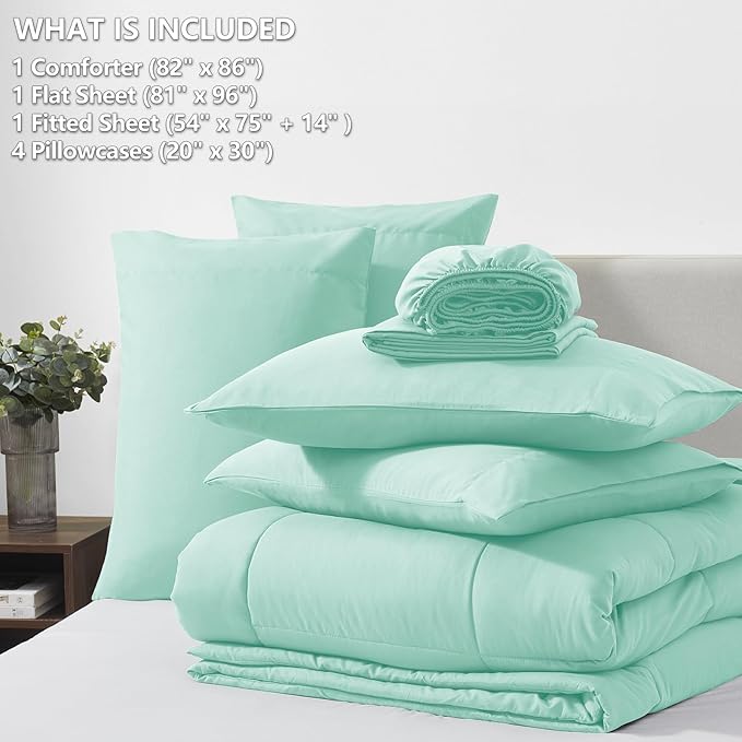 CozyLux Full Size Comforter Sets Mint Green, 7 Pieces Bed in a Bag, Green Comforter Full Size, All Season Bedding Sets with Stitch Quilted Comforter, Flat Sheet, Fitted Sheet, Pillowcases