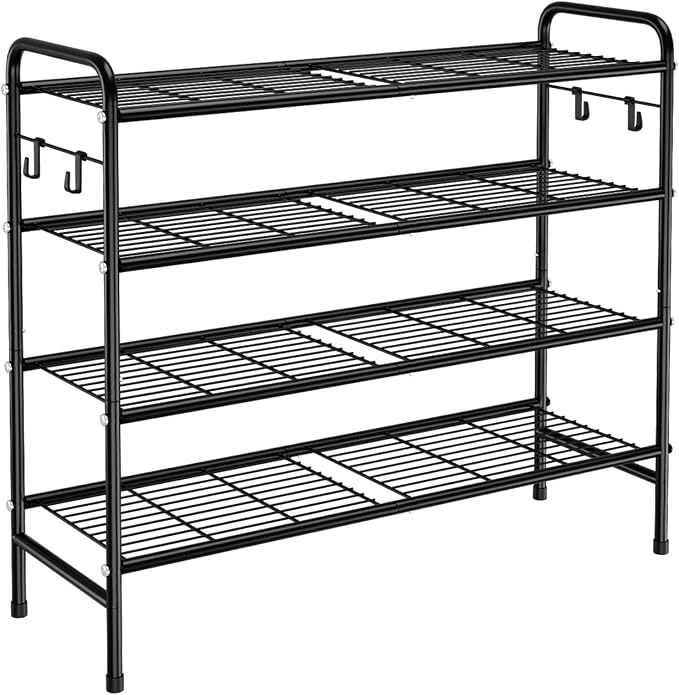 VILICK 4-Tier Shoe Rack 33" Wide Metal Shoe Organizer Long Shoe Storage with 4 Side Hooks Sturdy Shoes Shelf for Closet, Front Door Entrance, Garage, Dorm, Black by VILICK