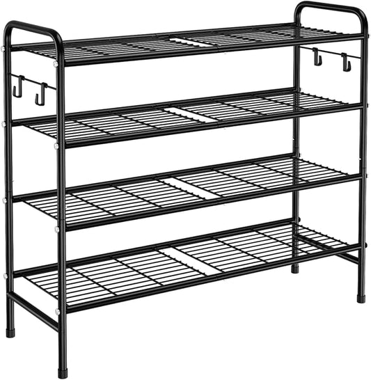 VILICK 4-Tier Shoe Rack 33" Wide Metal Shoe Organizer Long Shoe Storage with 4 Side Hooks Sturdy Shoes Shelf for Closet, Front Door Entrance, Garage, Dorm, Black by VILICK