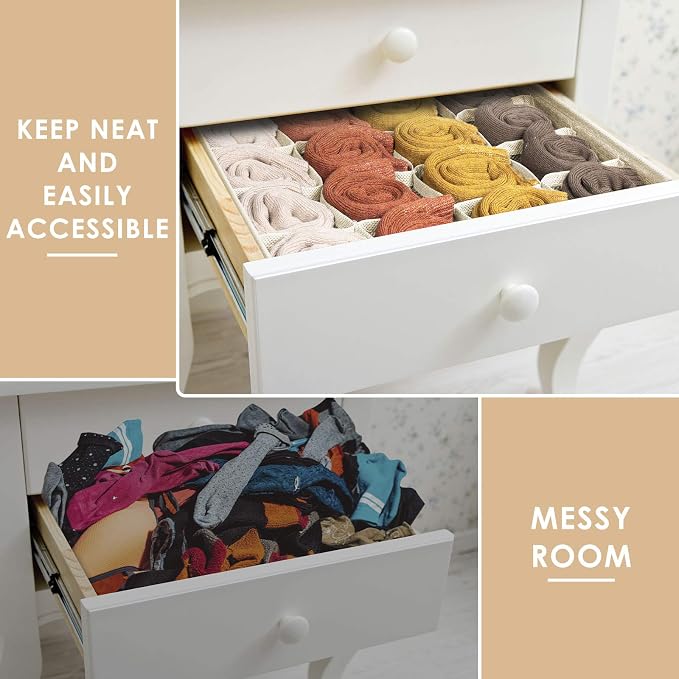 Criusia 3 Pack Sock Underwear Drawer Organizer Dividers, 64 Cell Fabric Foldable Cabinet Dresser Closet Organizers and Storage Boxes for Organizing Socks, Underwear, Ties (16+24+24 Cell, Beige) - Image 5