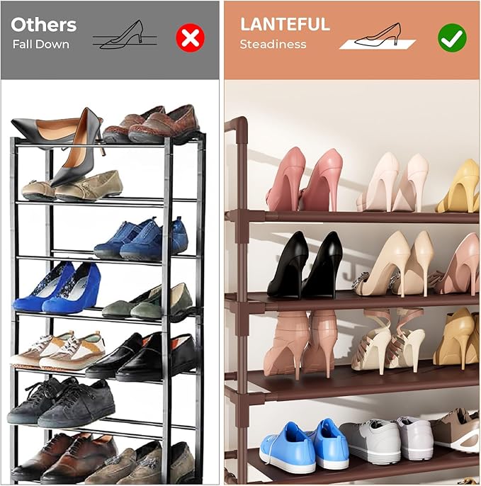 LANTEFUL 11 Tiers Tall Shoe Rack Holds 55 Pairs of Shoes with 18pcs Hooks Sturdy Wide Shoe Organizer Storage Free Standing Metal Shoe Shelf for Closet, Entryway Brown - Image 6