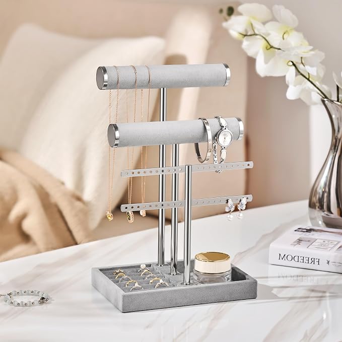 bussdis 3 Tier Bracelet Holder Display - Detachable T Bar Grey Velvet Bracelet Holder, Jewelry Holder Organizer for Bracelet, Necklace, Earrings, Rings - Image 5