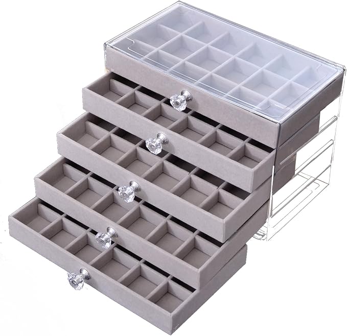 SPAKOWN Earring Box Holder Organizer Display Case, Clear Velvet Jewelry Storage Tray Organizer for Earring Ring Stud (Grey - 5 Drawers) by SPAKOWN