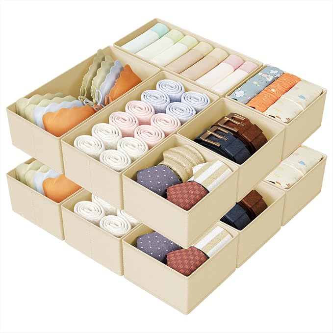 DIMJ Drawer Organizers Clothes, Set of 14 Dresser Organizer Bins, Fabric Closet Organizers and Storage, Shallow Drawer Dividers for Nursery, Clothing, Baby Clothes, Socks, Underwears, Tie (Beige) by DiMJ