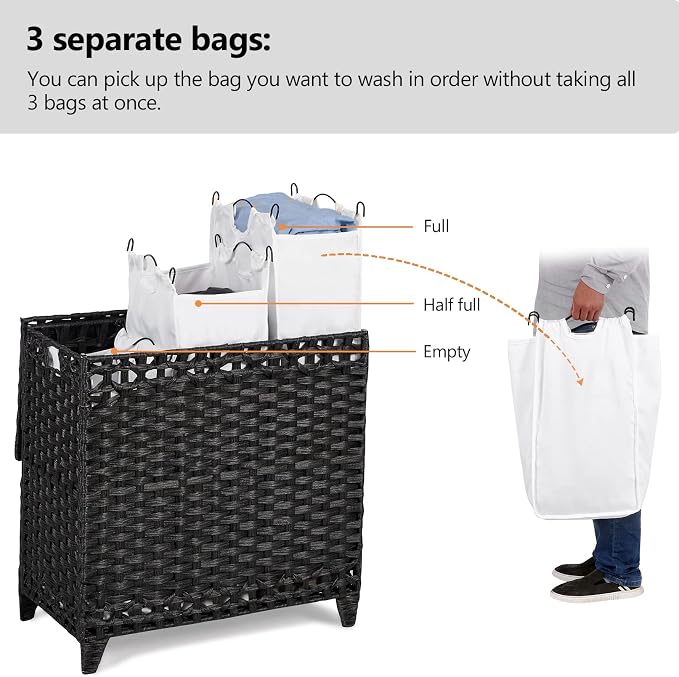 Laundry Hamper with 3 Removable Liner Bags; 132L Handwoven Rattan Laundry Basket with Lid & Heightened Feet; Clothes Hamper with Side Handles; Laundry Sorter with 3 Separate Sections - Image 3