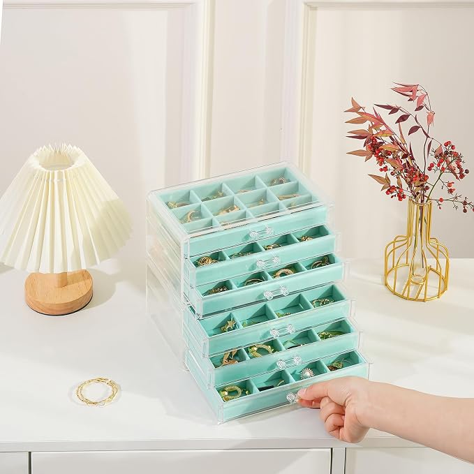 Lolalet Earring Holder Organizer Box Jewelry Storage with 6 Drawers, Clear Acrylic Stackable Earring Case with Adjustable Velvet Trays for Women on Dresser Vanity -Aqua, 6 Layers - Image 6