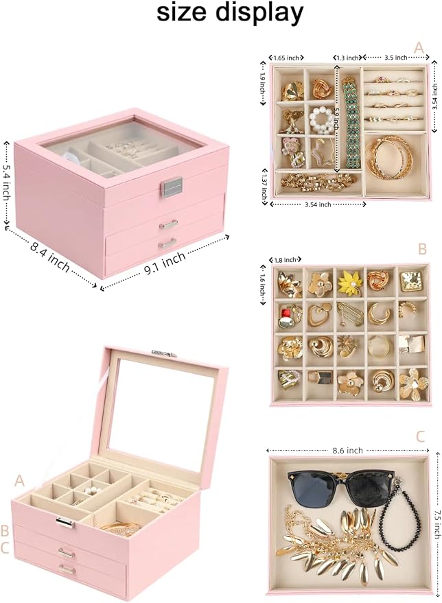 BOOVO Clear Lid Jewelry Box,3 Layers Jewelry Organizer Large Multi-Functional Jewelry Storage Box with 2 Drawers,Jewelry Display Case of Rings Earrings Necklace Bracelets for Women Girls (Pink) - Image 4
