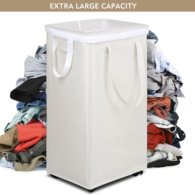 DOKEHOM 90L X-Large Laundry Basket with Removable Wash Bag on Wheels, Collapsible Rolling Laundry Hamper, Foldable Clothes Organizer, Folding Washing Bin (Beige) - Image 5