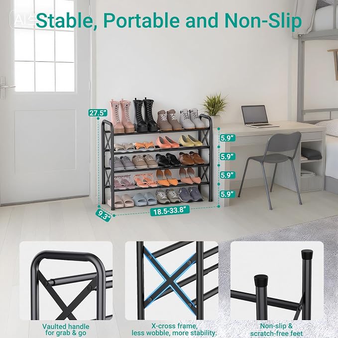 YEASHEIN 4-Tier Expandable Shoe Rack for Closet Floor, X-Frame Metal Small Shoe Rack for Entryway, Adjustable Shoe Shelf Organizer, Free Standing Shoe Racks for Front Door Entrance, Garage - Black - Image 2