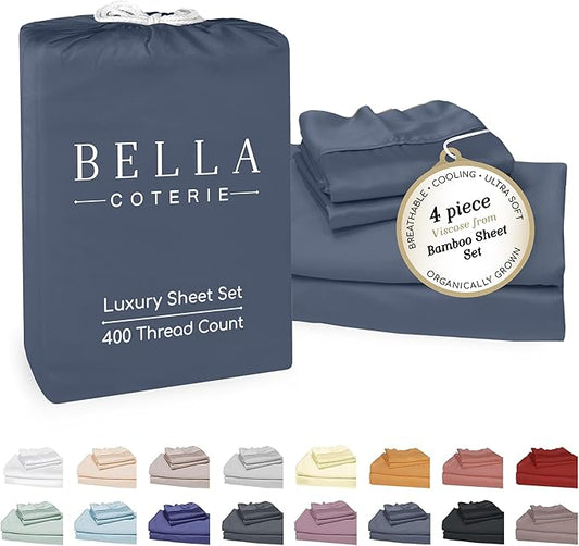 Bella Coterie Luxury Bamboo Viscose Full Size Sheet Set | 100% Organically Grown | Ultra Soft | Cooling for Hot Sleepers | 18" Deep Pocket [Slate Blue]