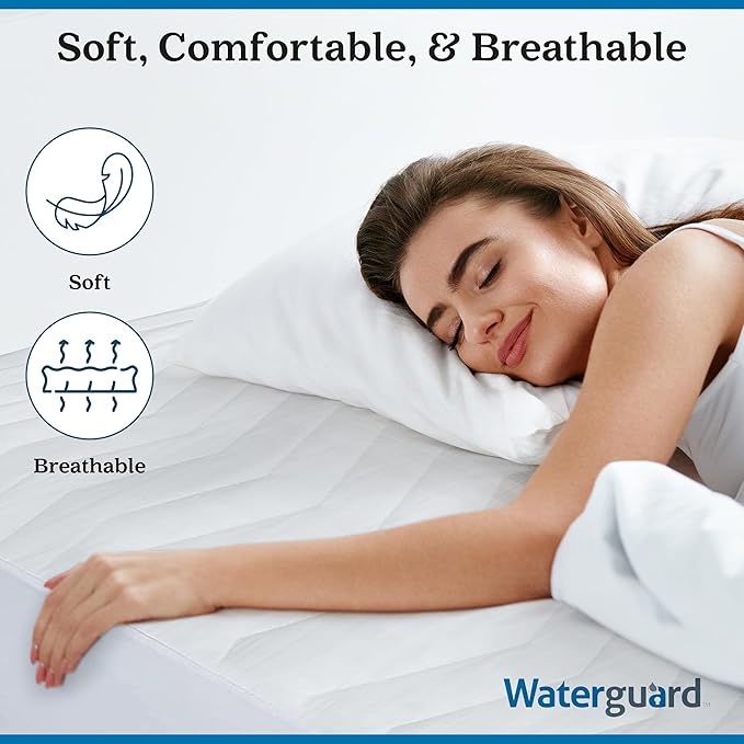 Waterguard Quilted Cotton Mattress Pad - Queen Size - Soft, Comfortable, and Fluffy Mattress Pad - Waterproof Mattress Protector Stretched 15" for Snug Fit on Regular Sized Mattress