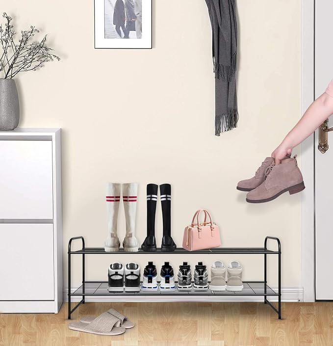 KEETDY 2-Tier Long Shoe Rack for Closet Metal Shoe Organizer for Entryway, Wide Stackable Shoe Storage Shelf with Sturdy Wire Grid for Closet Floor, Bedroom, Black - Image 2