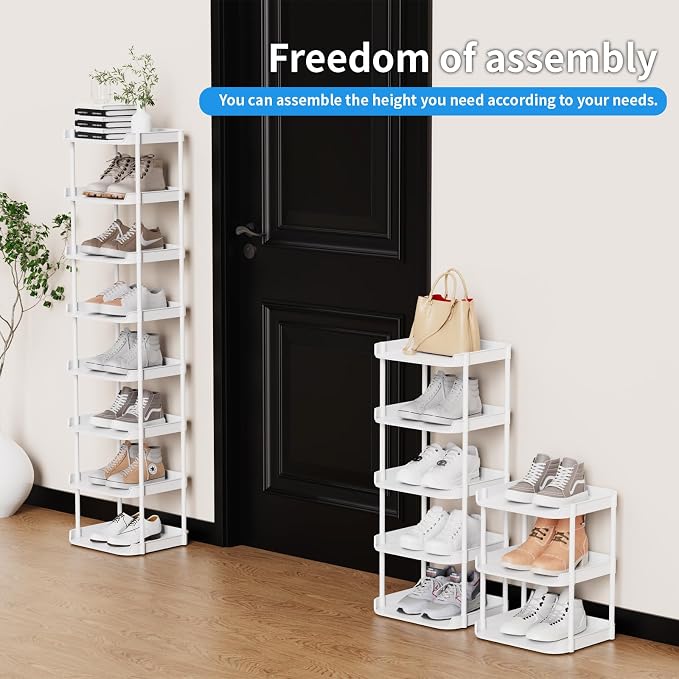 Narrow Shoe Storage Rack, Compact Single Shoerack Stand for Slim Space, Stackable Tall Thin Show Tower, Solid Plastic Shelves, for Hallways, Kitchens, Bedrooms Tidy Organizer (White, 8 Tier) - Image 4