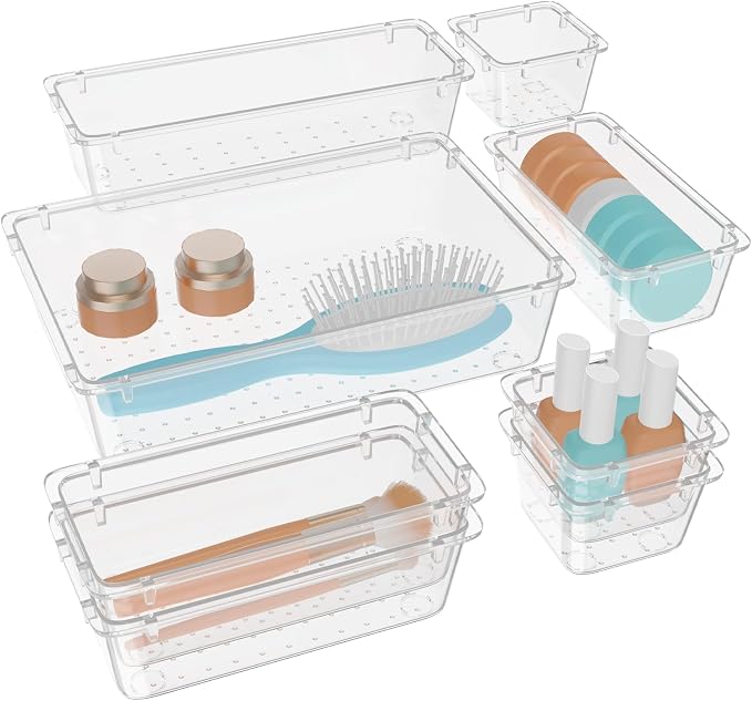 WOWBOX 8 PCS Clear Plastic Drawer Organizer Set, 4 Sizes Desk Drawer Organization and Storage Containers for Makeup, Cosmetics, Jewelry and Gadgets in Kitchen, Bathroom, Bedroom, Office, Clear by WOWBOX