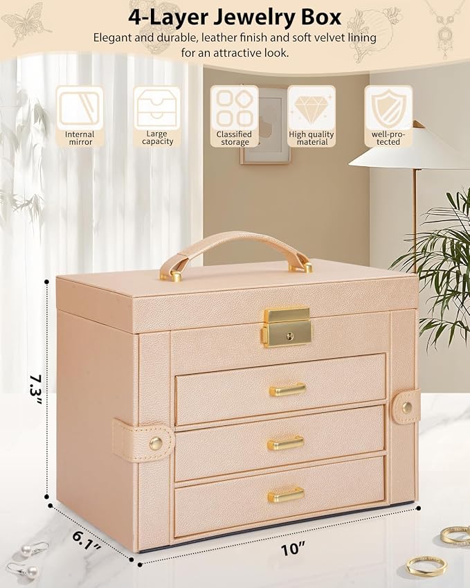 AKOZLIN Large 4-Tier Jewelry Box Leather Jewelry Storage Organizer with 3 Drawers Lockable for Women Girls Ring Necklace Earring Bracelet Watches Holder with Mirror Champagne - Image 2