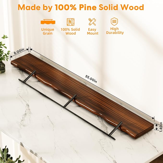 Floating Shelves for Wall Rustic Farmhouse 55 Inch Floating Shelf Bathroom Wooden Shelves for Wall Mounted Live Edge Pine Shelf with Unique Natural Grain for Living Room Bedroom Kitchen (Walnut) - Image 3