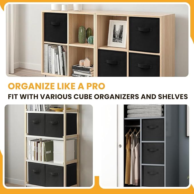 Large Storage Cubes- 13 Inch Cube Storage Bins for Organizing Shelves Kallax - Nursery Closet Organization Bins for Clothes Blanket - 10 Pack Collapsible Decorative Storage Box for Living Room (Black) - Image 3