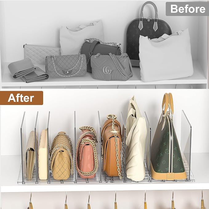 GoMaihe Bag & Purse Organizer for Closet: Adjustable Clear Handbag Storage Shelf - Plastic Clutch Dividers | Minimal | Keep Purses upright - Image 4