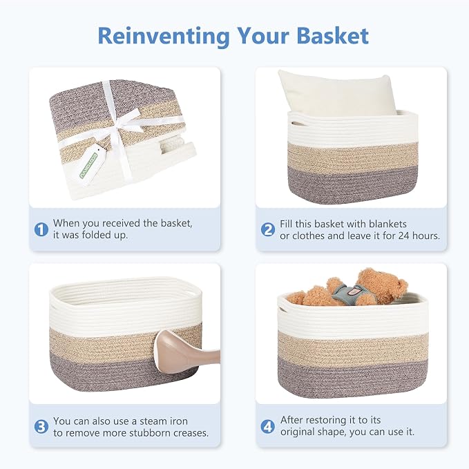 ECDYQXVU Cotton Rope Storage Baskets,15x10x9 in,Foldable Storage Bins, Decorative Woven Basket Cube Storage Organizer for Laundry, Towel, Clothes (White/Grey-3Pack, 15x10x9 inches) - Image 8