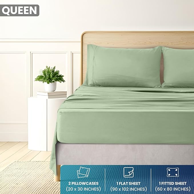 Utopia Bedding Queen Size 4 Piece Sheet Set - Brushed Microfiber - Soft Bed Sheets for Queen Size Bed Set - Includes 1 Fitted, 1 Flat, & 2 Pillow Cases - Deep Pocket (Sage)