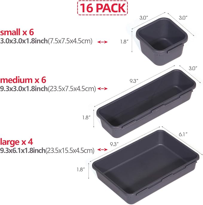 Set of 16 Interlocking Desk Drawer Organizer Tray Dividers Plastic Shallow Narrow Drawers Organizers Separators and Storage Bins Container for Kitchen Bathroom Makeup Office Vanity Bedroom Dresser - Image 2
