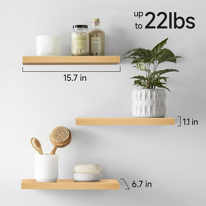 BAYKA Floating Shelves for Wall, Wall Mounted Rustic Wood Shelves for Bathroom, Bedroom, Living Room, Kitchen,Small Hanging Shelf for Books/Storage/Room Decor (Light Oak-Toned, Set of 3, 15.7in) - Image 3